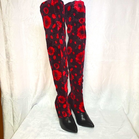 Mac J Black Cherry Stretch Velvet Red Floral OTK Stocking Boots 3.5" High Heel - Picture 3 of 15